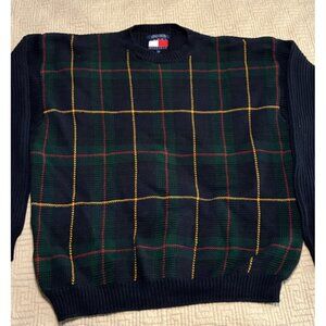 Vintage 90s Tommy Hilfiger XL Navy Plaid Crewneck Sweater 100% Cotton